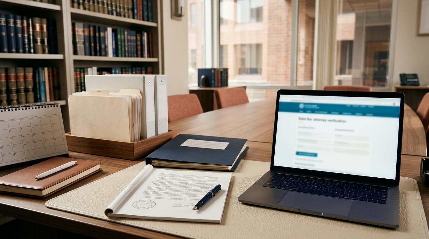 A State Bar attorney verification page on a laptop screen beside a notarized signature page