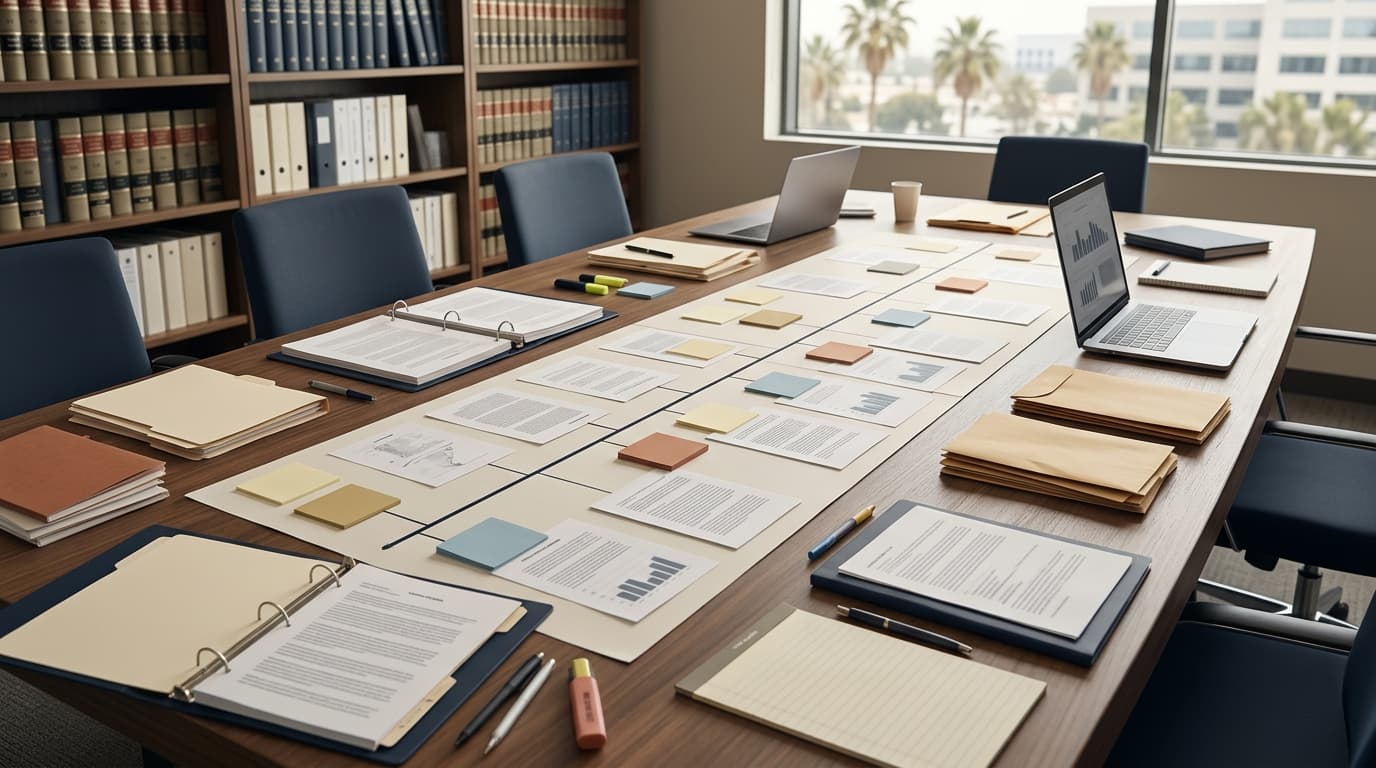 A long printed timeline spread on a conference table with sticky notes and highlighted document pages