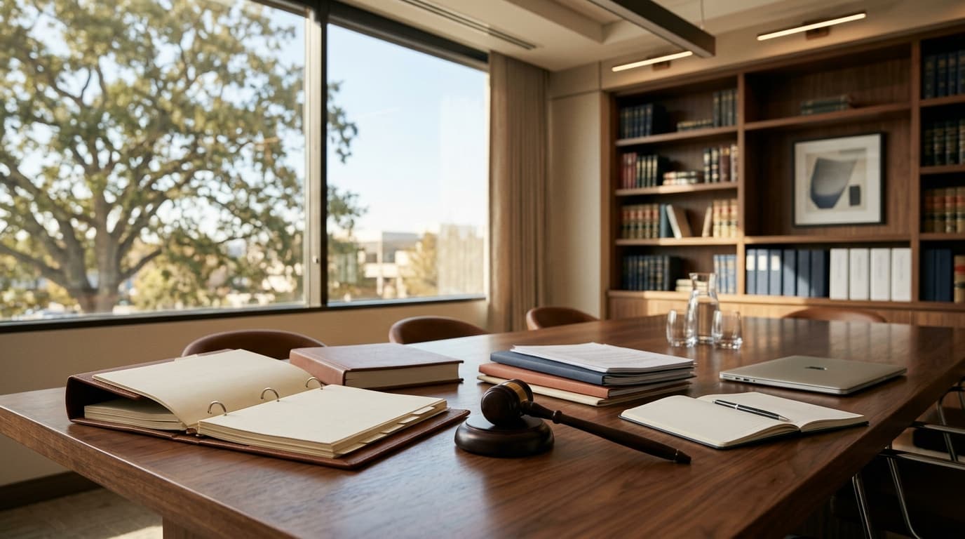 A boardroom table with bound minutes, a gavel, and a governance binder in a bright conference room