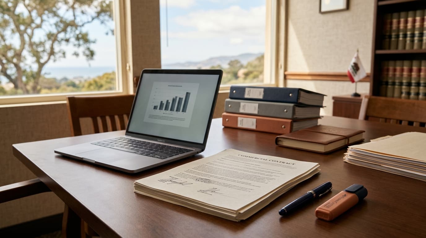 A signed commercial contract with a pen and a highlighter beside a laptop on a conference table