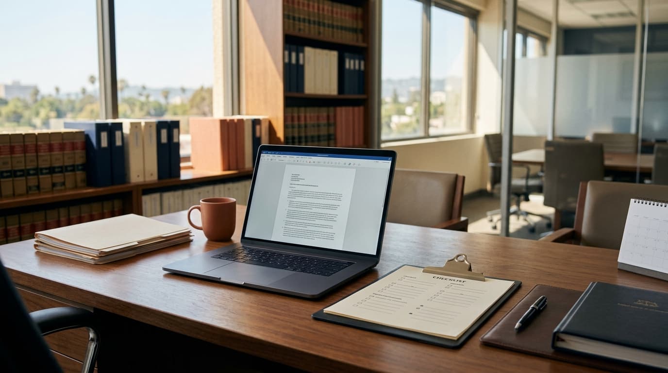 A laptop displaying a PDF document next to a printed checklist on a desk in a legal office