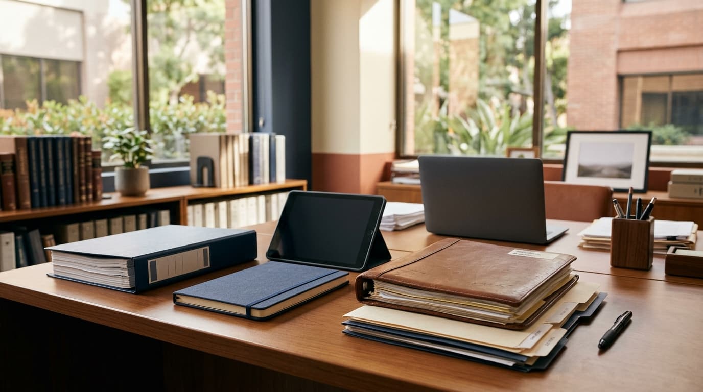 An HR office with an employee handbook, a timekeeping tablet, and a binder of personnel policies on a desk