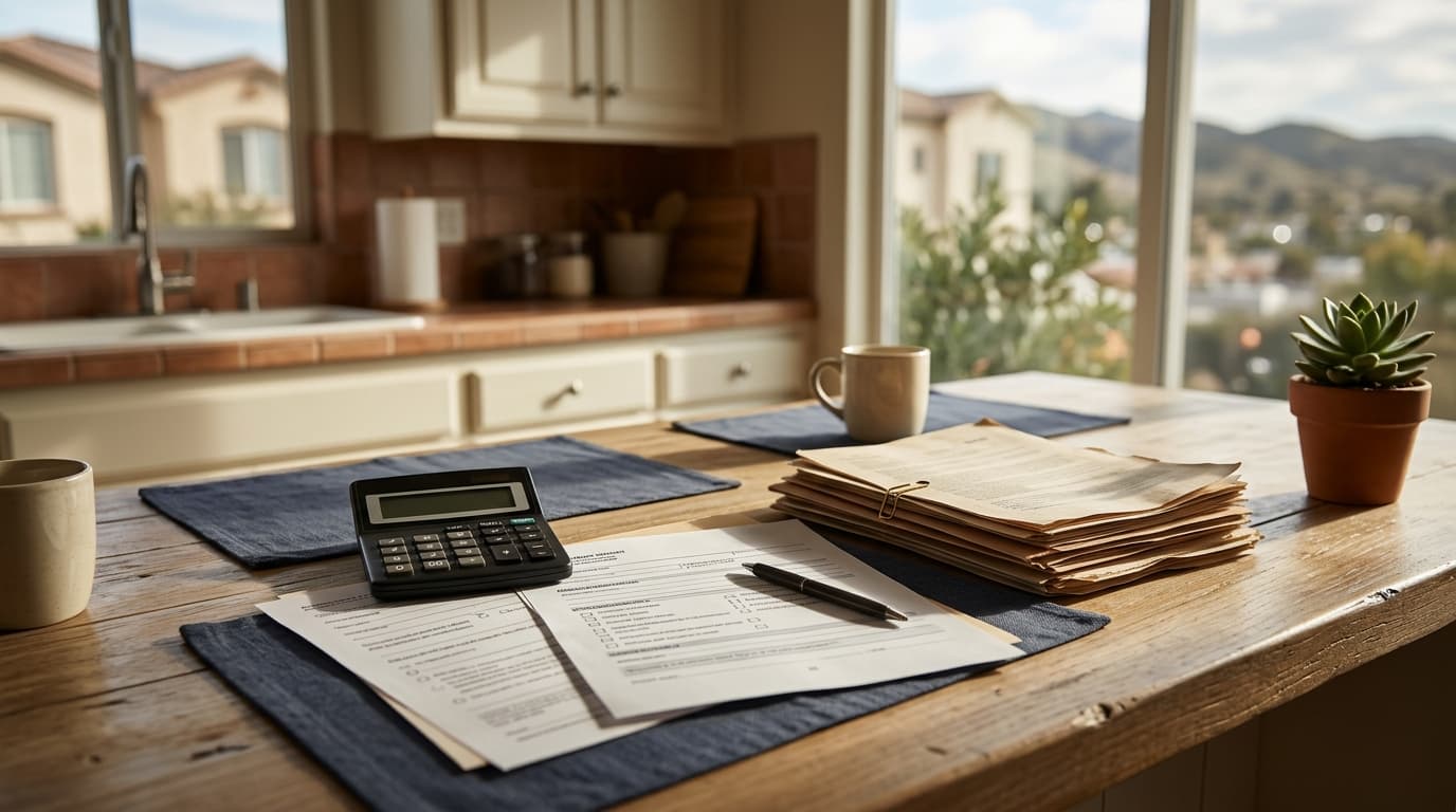 A notice of default letter on a kitchen table beside a calculator and a stack of mortgage statements