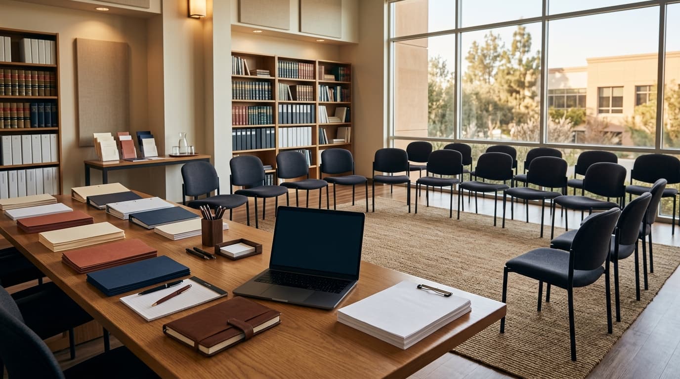 A community meeting room with chairs arranged in a circle and legal information pamphlets on a table
