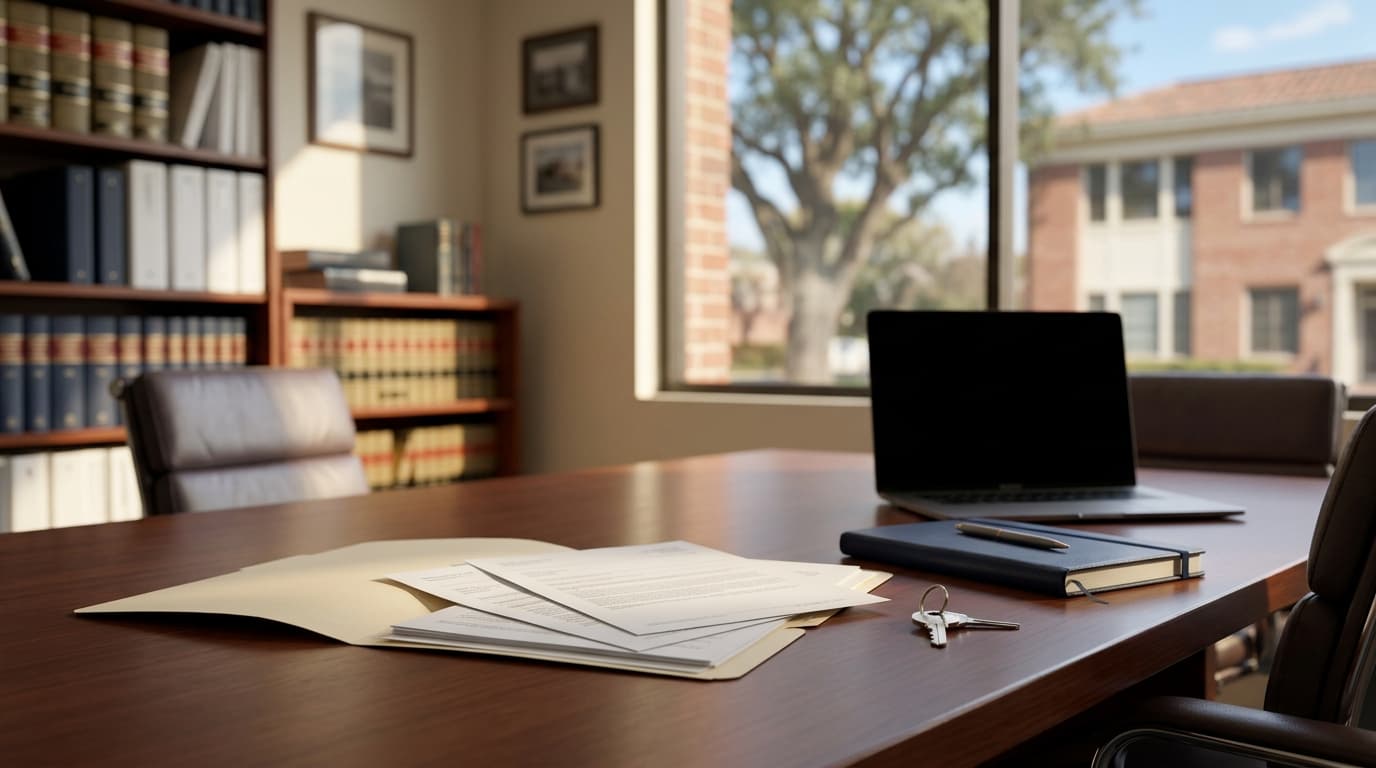 A residential property folder with deed, loan statements, and tax bills spread on a table beside a house key