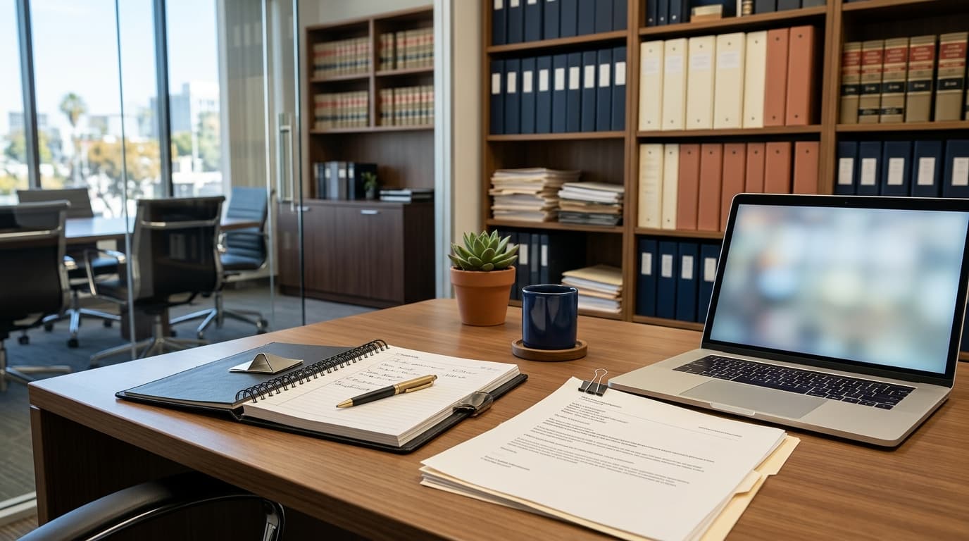 A project logbook, printed email thread, and a laptop arranged on a contractor's office desk
