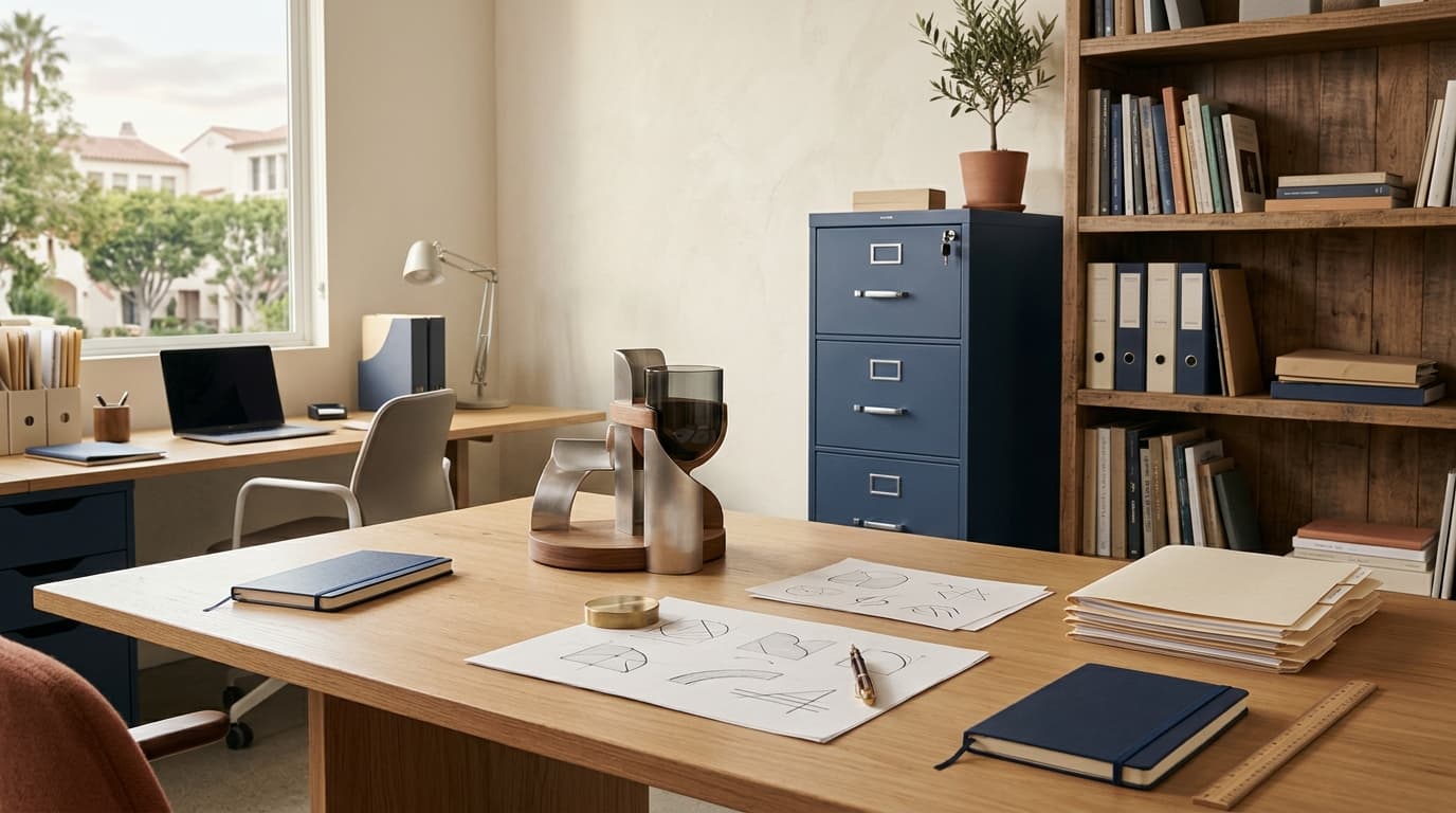 A product prototype, a trademark sketch, and a locked filing cabinet in a creative agency workspace