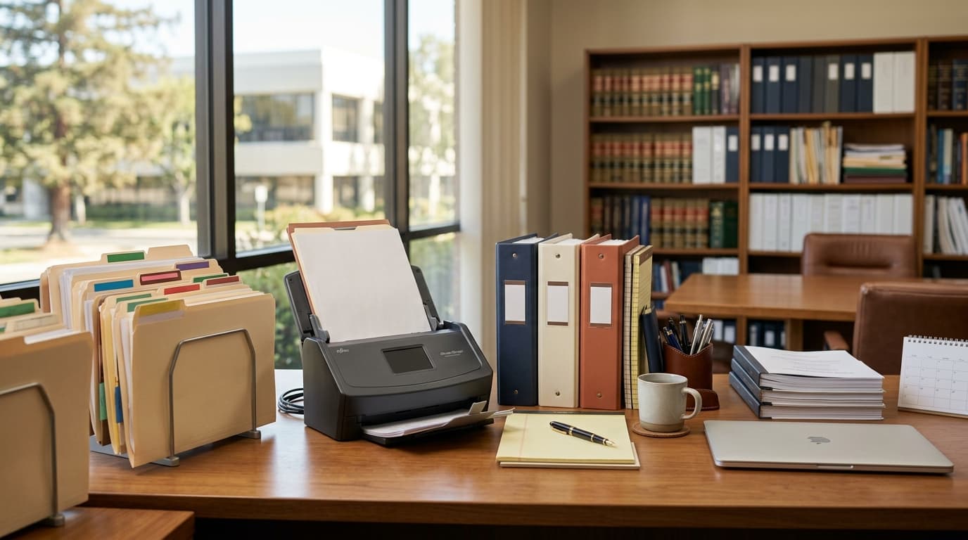 Labeled folders and a document scanner arranged on a desk, representing an organized legal intake process