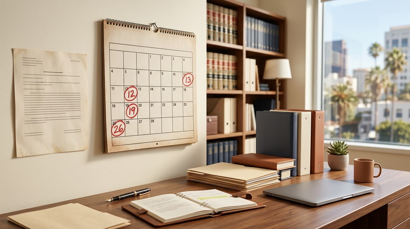 A wall calendar with several dates circled in red beside a legal notice and a pen on a desk
