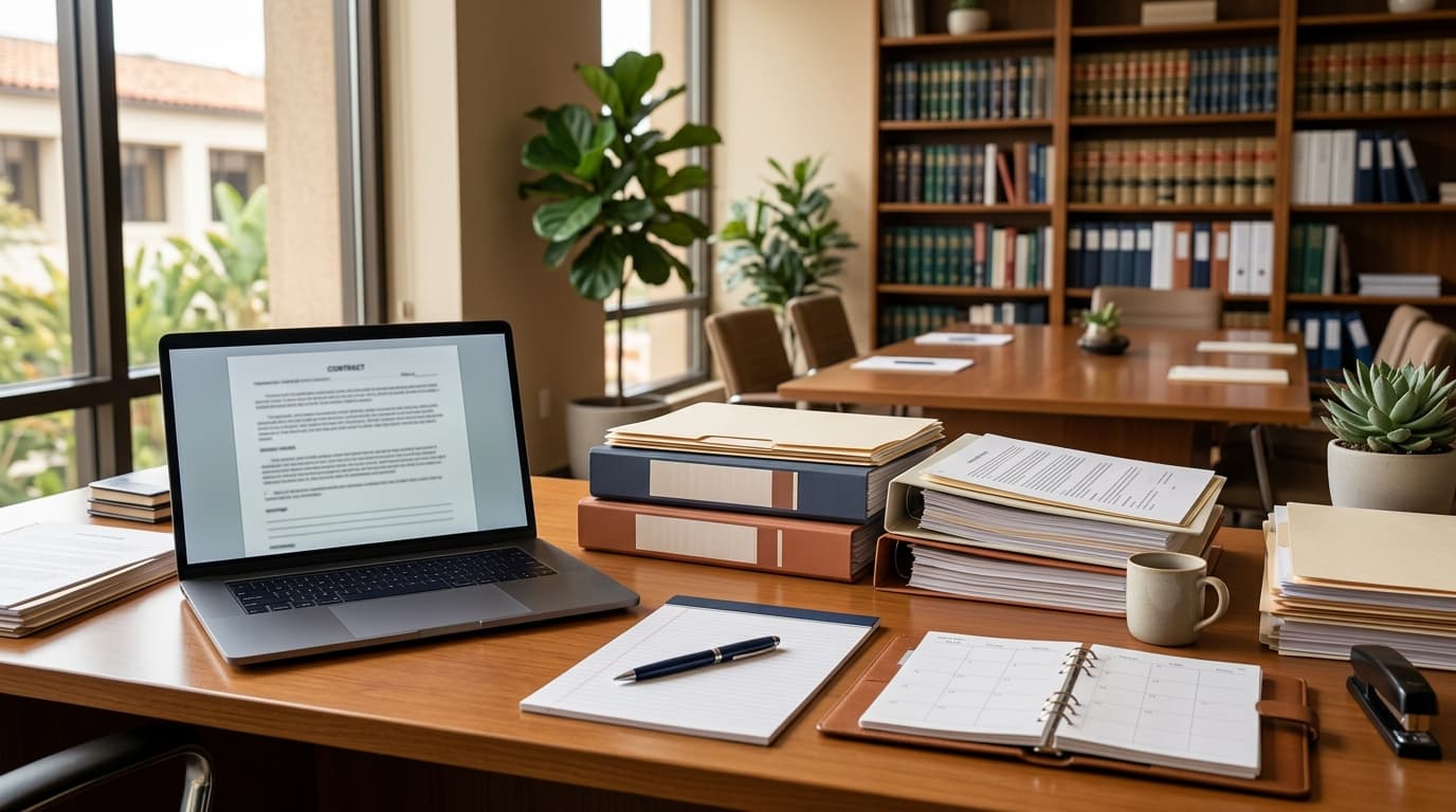 Organized business contracts and a laptop on a tidy desk in a California law office
